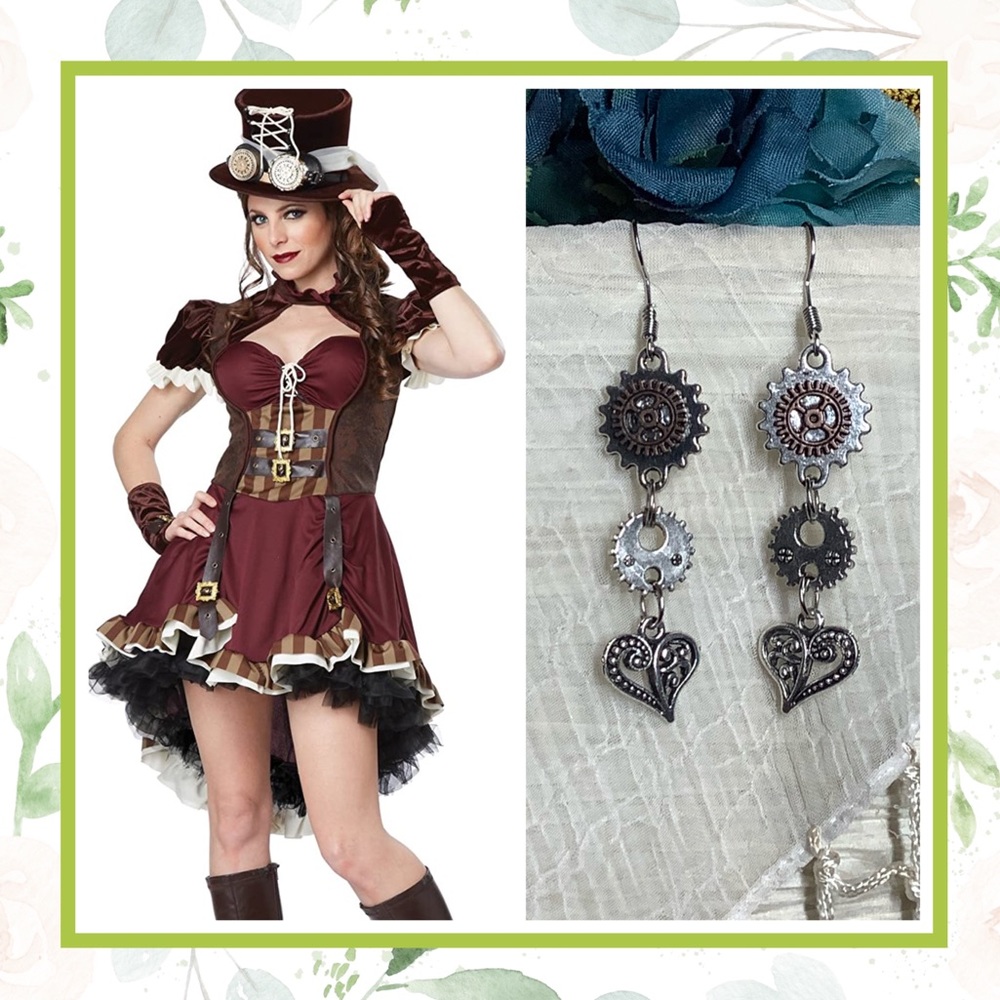 🌺 STEAMPUNK DANGLE DROP EARRINGS GEAR HEART LOVE LONG HOOK MIXED METAL